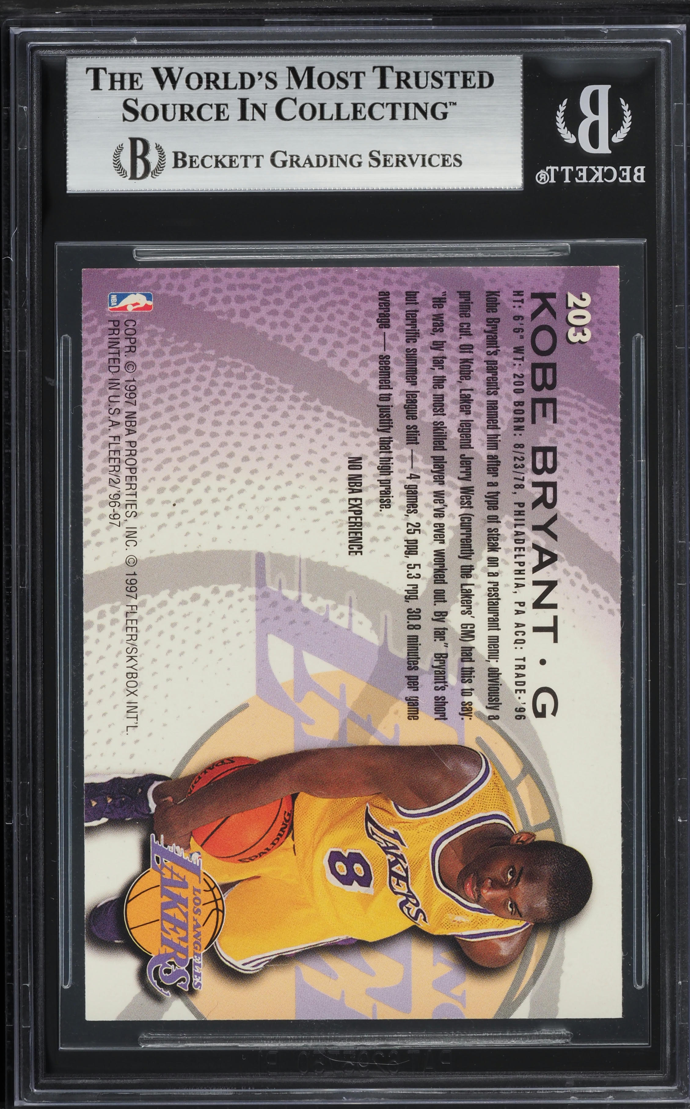 1996 Fleer Basketball Kobe Bryant ROOKIE #203 BGS 8.5 NM-MT+ on 