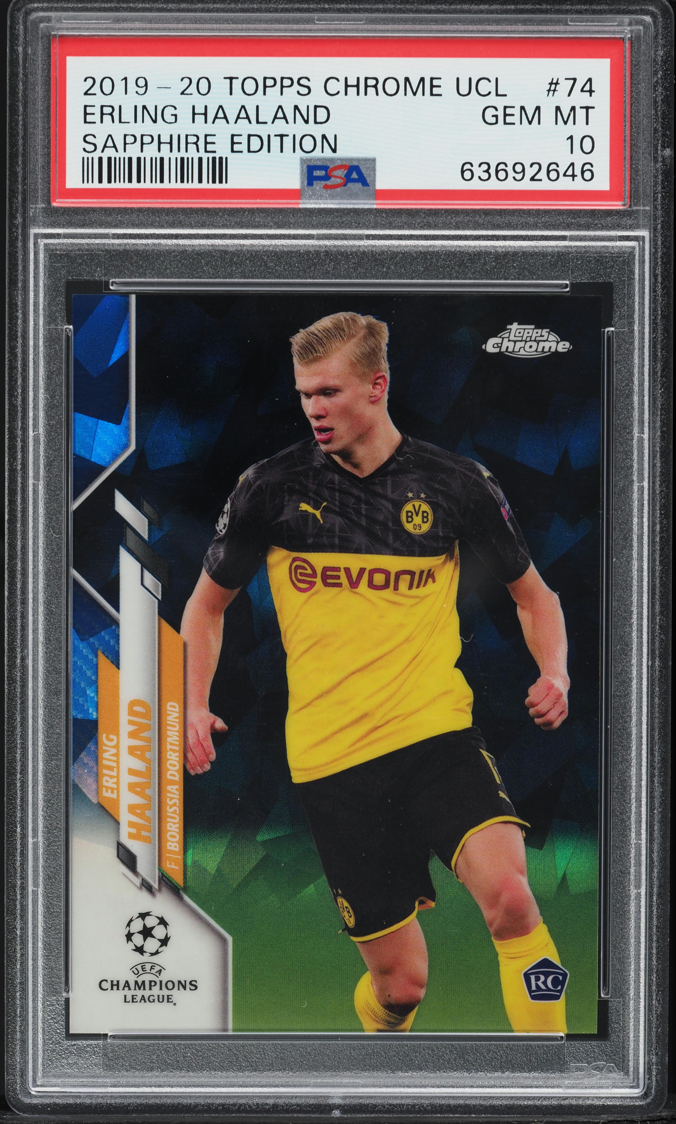 2019 Topps Chrome UEFA Sapphire Edition Erling Haaland ROOKIE #74 PSA 10 GEM