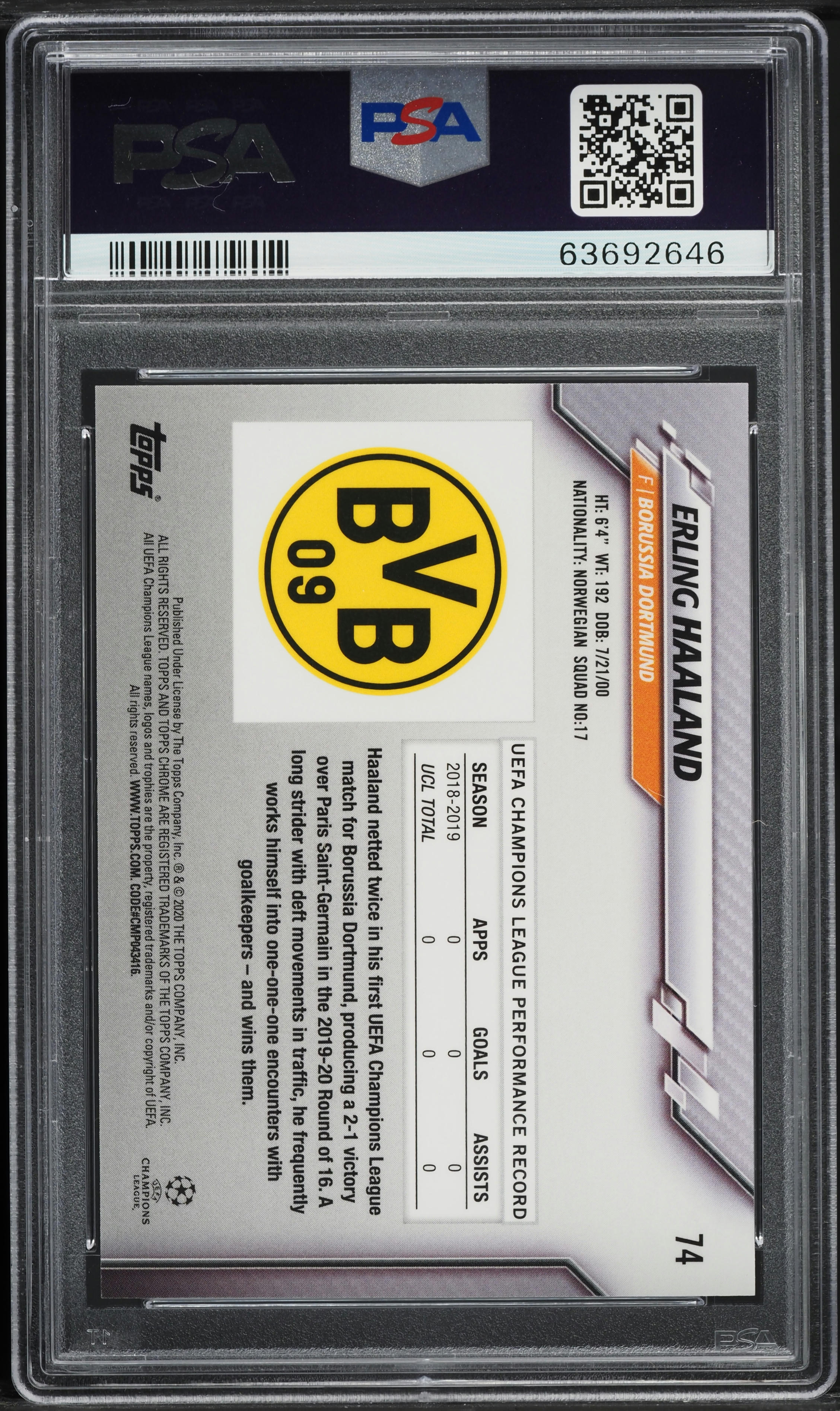 2019 Topps Chrome UEFA Sapphire Edition Erling Haaland ROOKIE #74 PSA 10 GEM