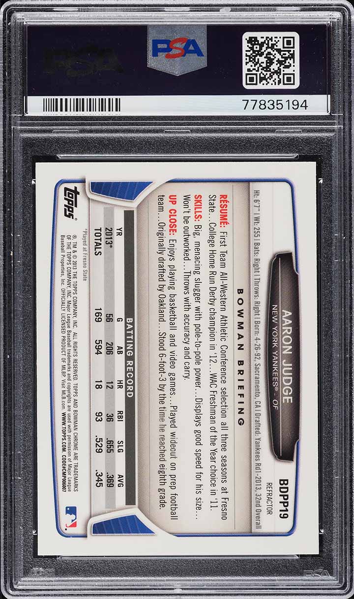 2013 Bowman Chrome Draft Refractor Aaron Judge ROOKIE #BDPP19 PSA 9 MINT