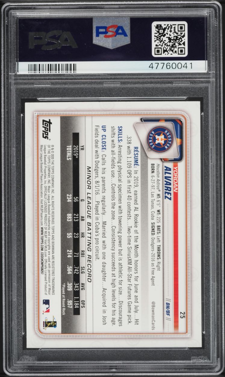 2020 Bowman Yordan Alvarez ROOKIE #25 PSA 5 EX