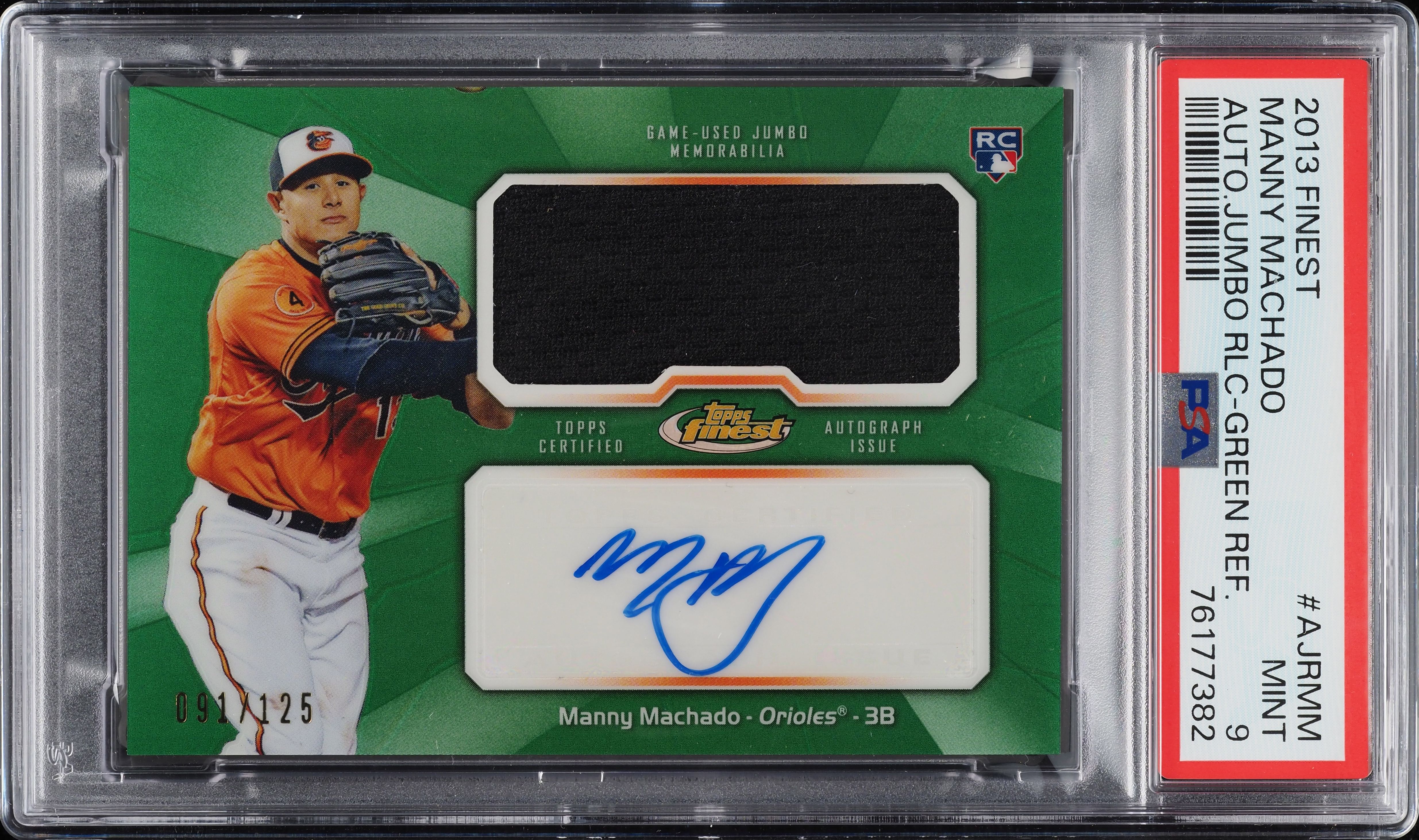 2013 Finest Jumbo Green Refractor Manny Machado ROOKIE PATCH AUTO 