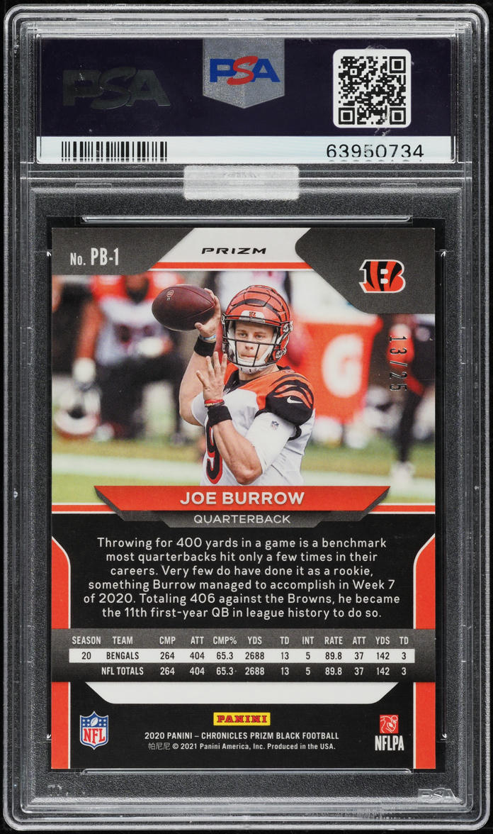 2020 Panini Chronicles Prizm Black Blue Joe Burrow ROOKIE /25 #PB-1 MBA PSA 10