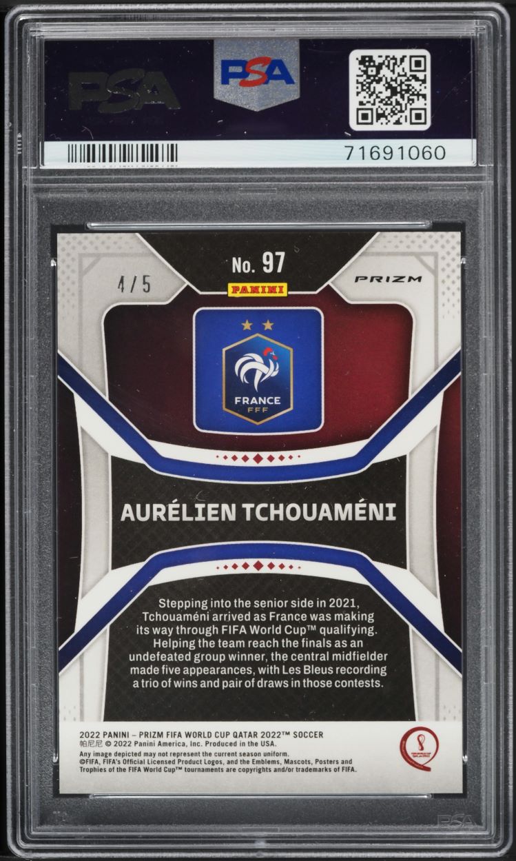 2022 Panini Prizm World Cup Qatar Blue Shimmer Aurelien Tchouameni RC /5 PSA 9