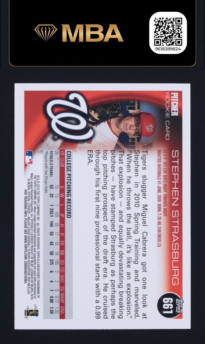 2010 Topps Stephen Strasburg ROOKIE #661 MBA AUTH