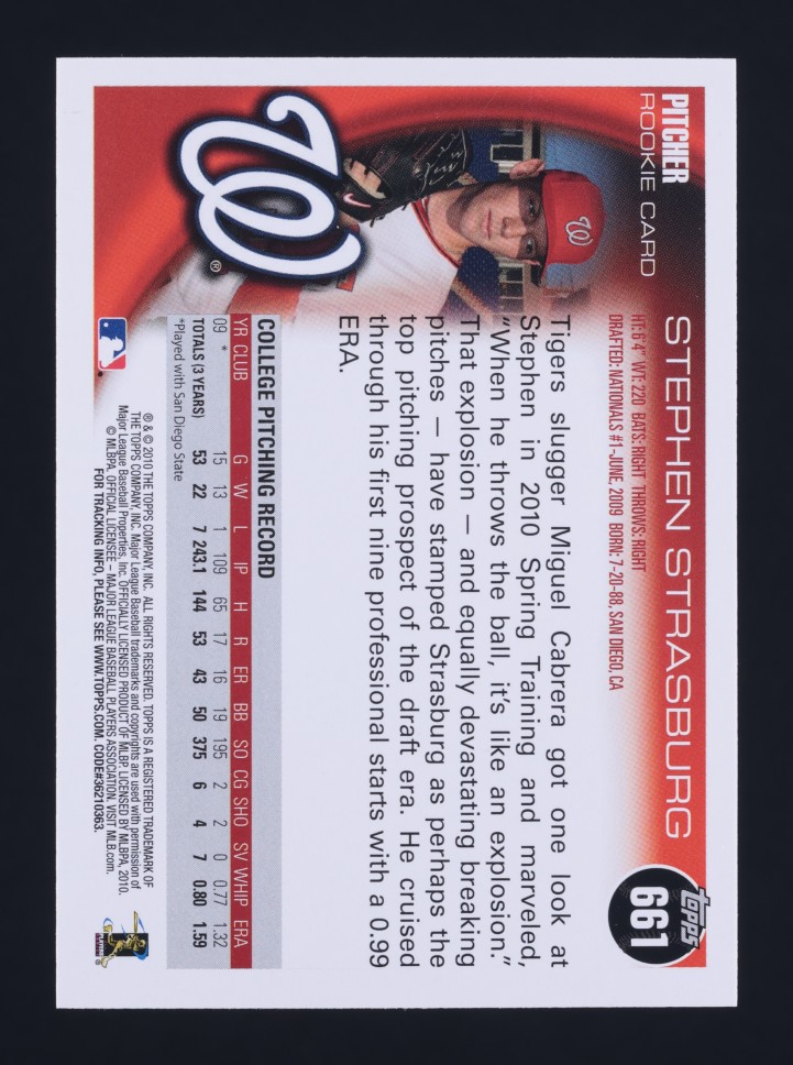 2010 Topps Stephen Strasburg ROOKIE #661 MBA AUTH