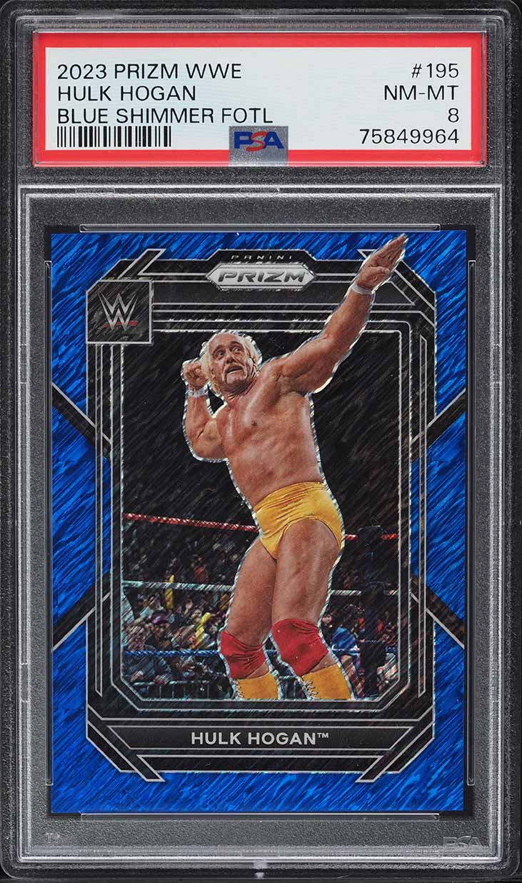 2023 Panini Prizm WWE Blue Shimmer FOTL Hulk Hogan /11 #195 PSA 8 NM-MT
