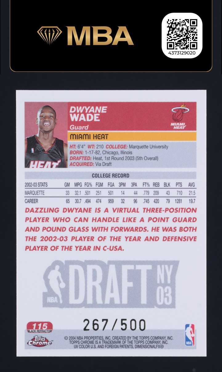 2003 Topps Chrome Black Refractor Dwyane Wade ROOKIE /500 #115 MBA AUTH
