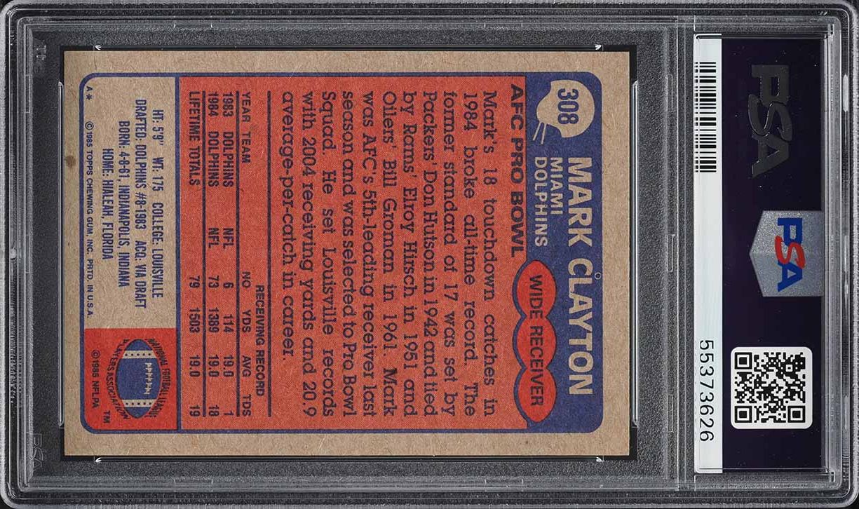 1985 Topps Football Mark Clayton ROOKIE, ALL-PRO #308 PSA 7 NRMT