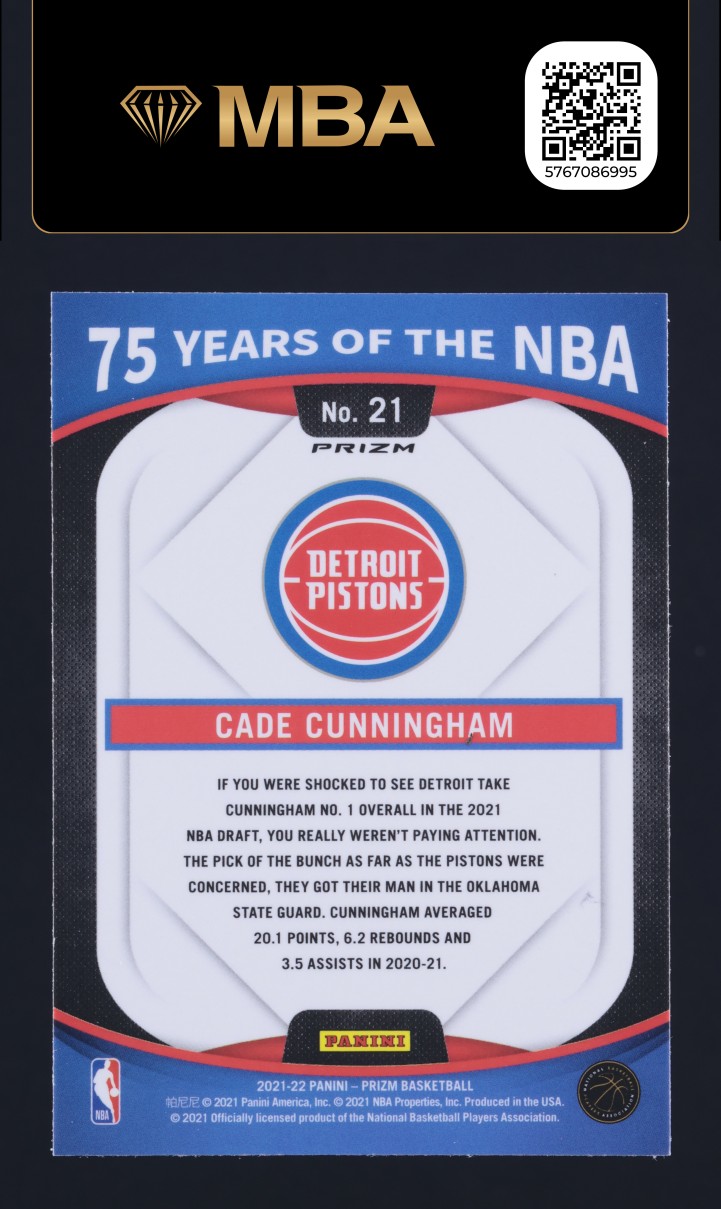 2021 Panini Prizm 75 Years Of The NBA Silver Cade Cunningham ROOKIE #21 MBA AUTH