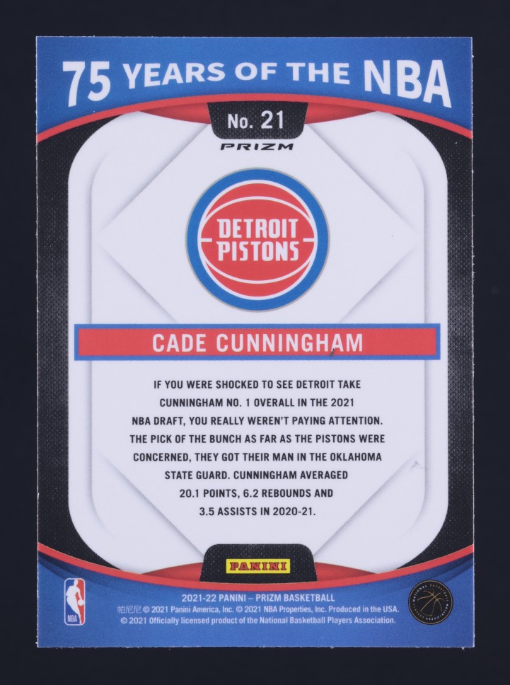2021 Panini Prizm 75 Years Of The NBA Silver Cade Cunningham ROOKIE #21 MBA AUTH