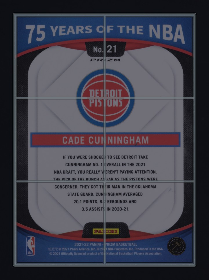 2021 Panini Prizm 75 Years Of The NBA Silver Cade Cunningham ROOKIE #21 MBA AUTH