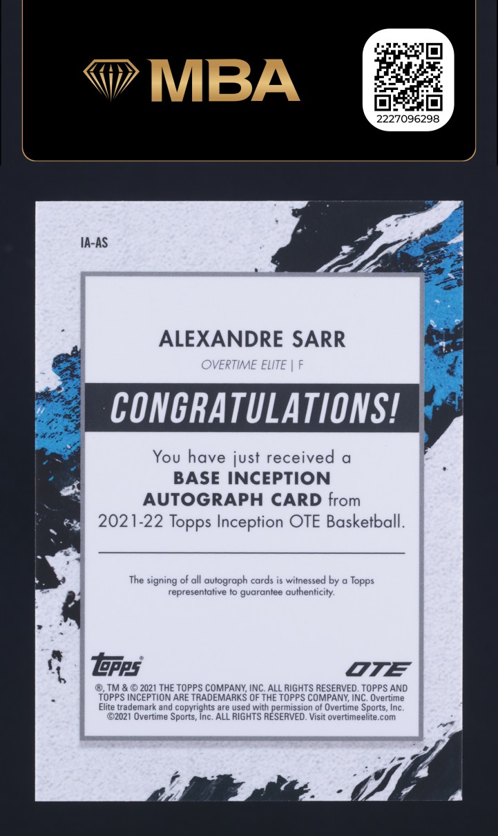 2021 Topps Inception Overtime Elite Alexandre Sarr ROOKIE AUTO /200 MBA AUTH