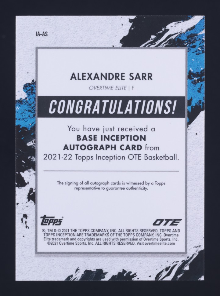 2021 Topps Inception Overtime Elite Alexandre Sarr ROOKIE AUTO /200 MBA AUTH