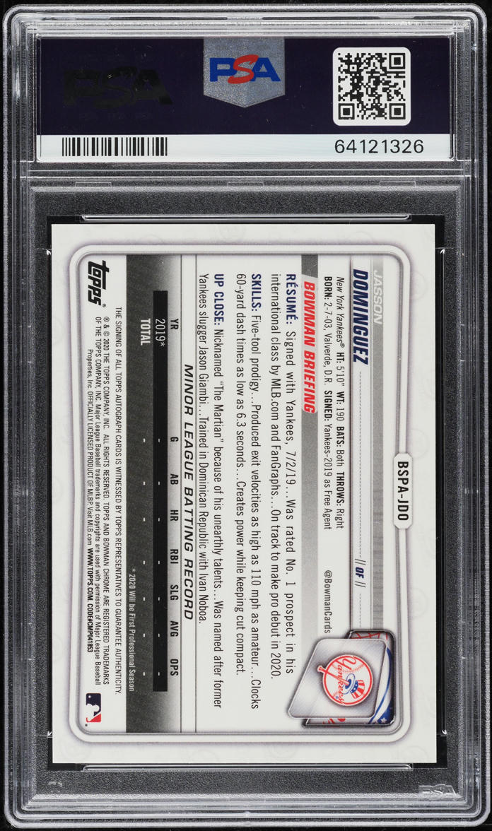 2020 Bowman Chrome Sapphire Orange Jasson Dominguez ROOKIE AUTO /25 PSA 10 GEM