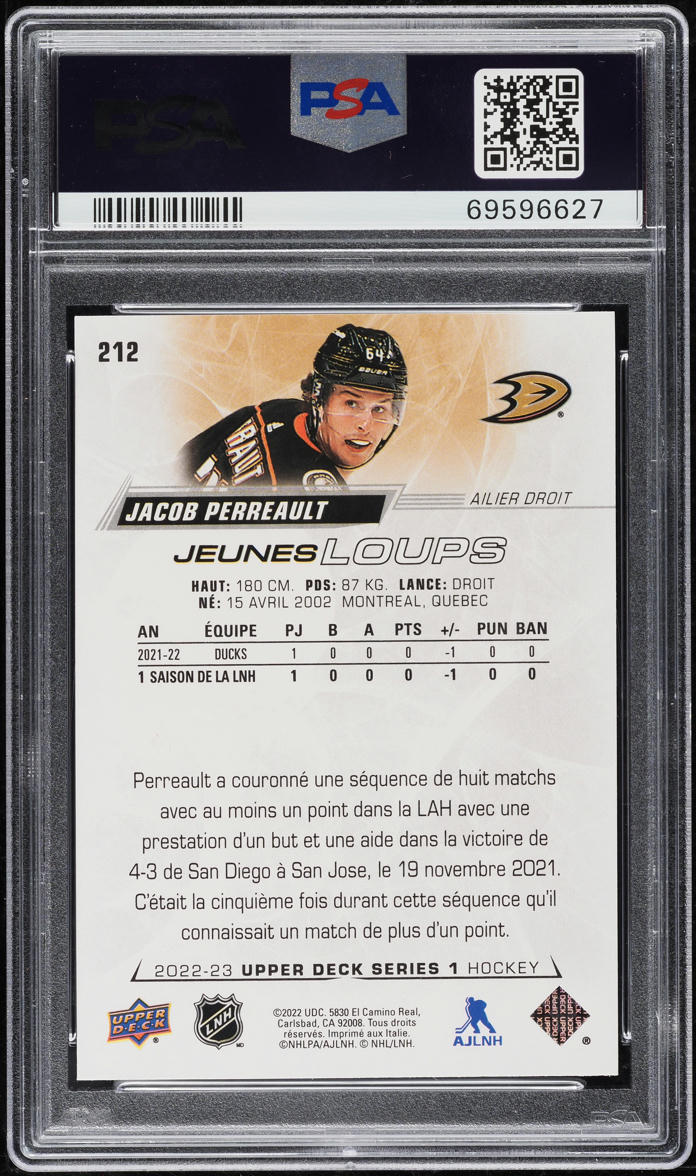 2022 Upper Deck Young Guns Jacob Perreault ROOKIE #212 PSA 10 GEM MINT
