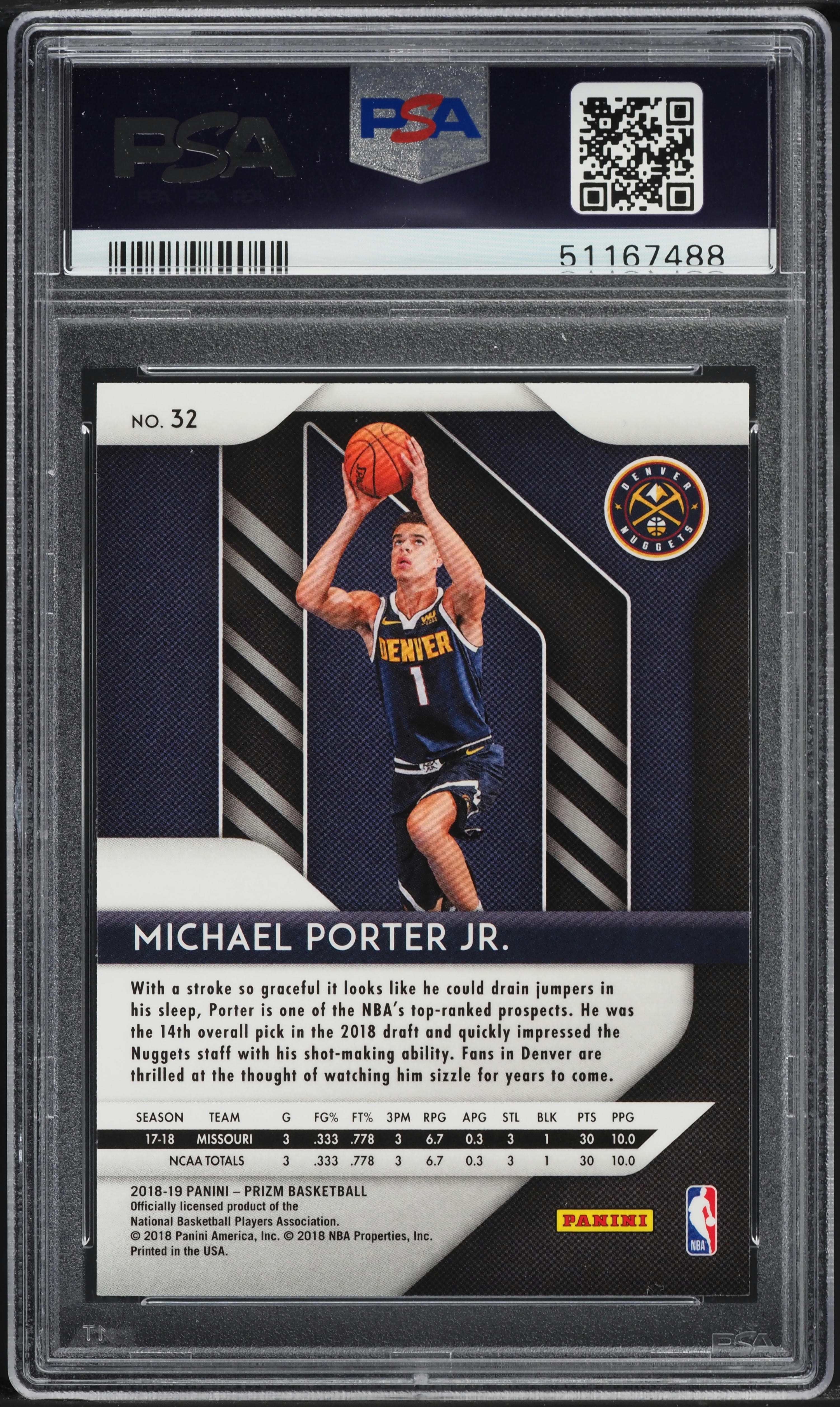 2018 Panini Prizm Michael Porter Jr. ROOKIE #32 PSA 9 MINT on