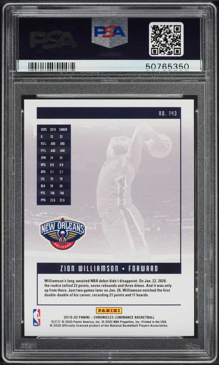 2019 Panini Chronicles Luminance Pink Zion Williamson ROOKIE #143 PSA 9 MINT
