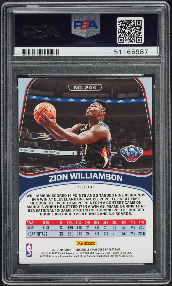 2019 Panini Chronicles Marquee Zion Williamson ROOKIE #244 PSA 9 MINT
