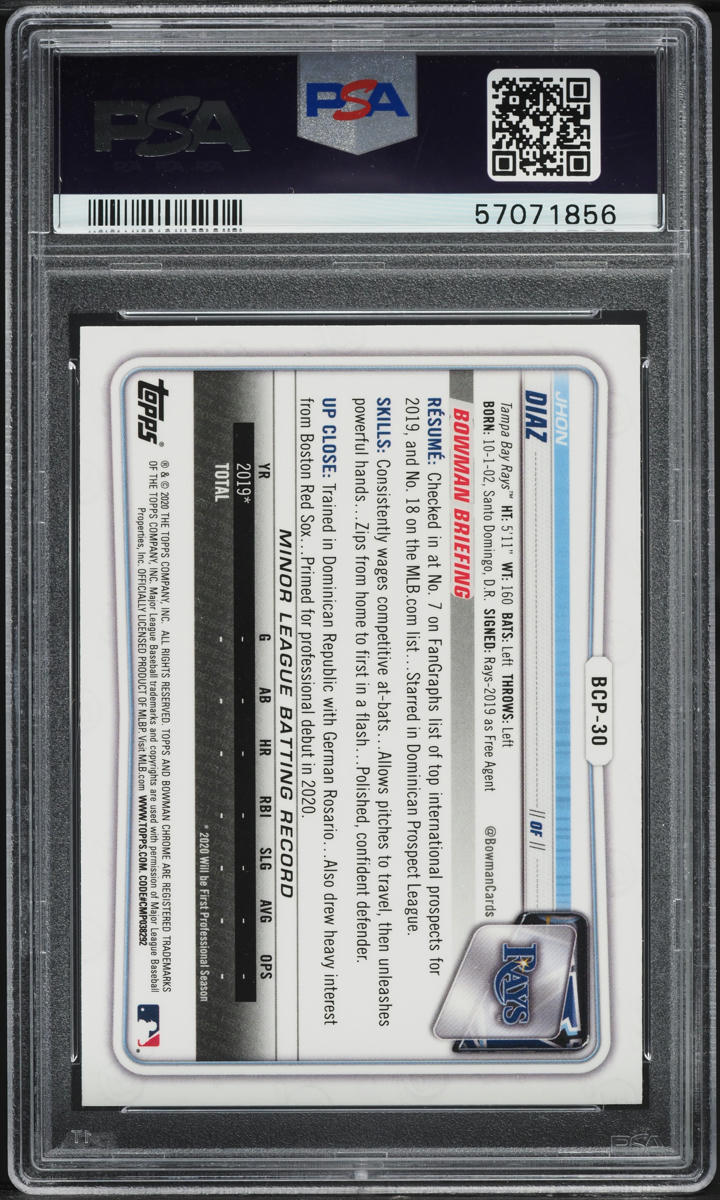 2020 Bowman Chrome Prospects Jhon Diaz ROOKIE #BCP-30 PSA 10 GEM MINT