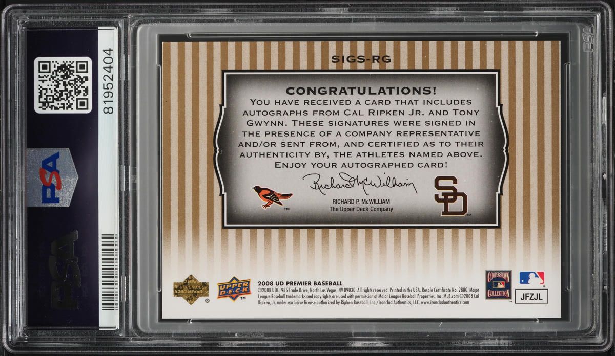 2008 Upper Deck Premier Stars Cal Ripken Jr. Tony Gwynn AUTO /20 PSA/DNA AUTH