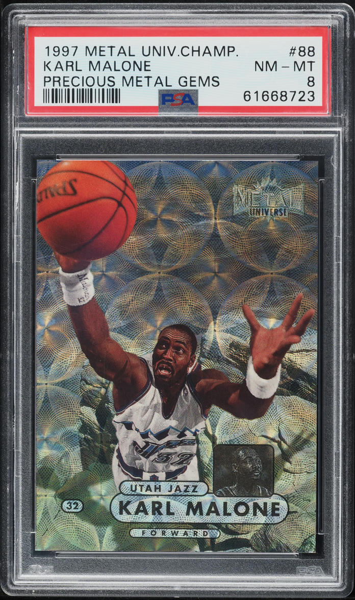 1997 Metal Universe Championship Precious Metal Gems PMG Karl Malone /50 PSA 8