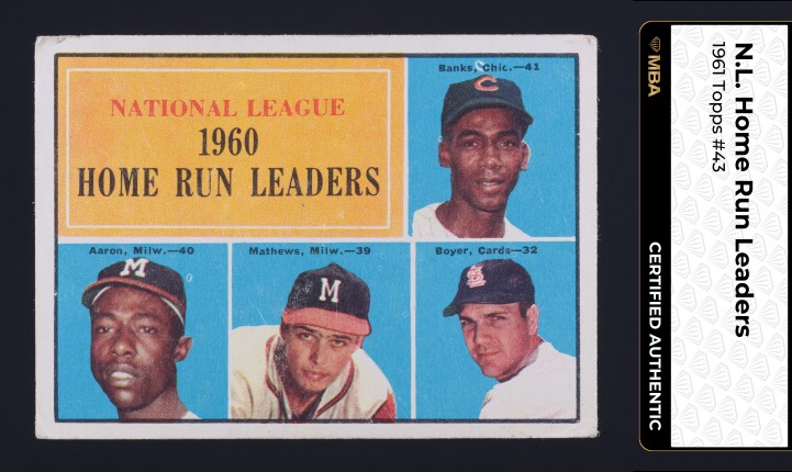 1961 Topps Ernie Banks Hank Aaron Eddie Mathews NL HOME RUN LDRS #43 MBA AUTH