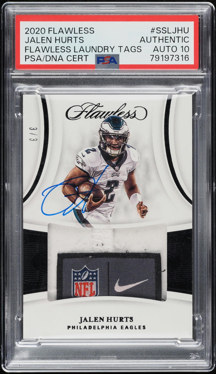 2020 Panini Flawless Laundry Tags Jalen Hurts RC PATCH AUTO DNA 10 3/3 PSA AUTH