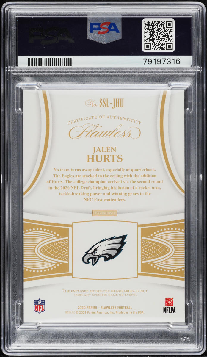 2020 Panini Flawless Laundry Tags Jalen Hurts RC PATCH AUTO DNA 10 3/3 PSA AUTH