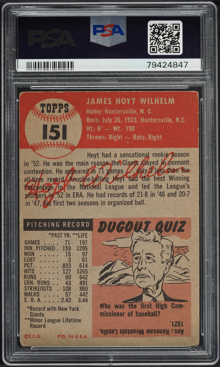 1953 Topps Hoyt Wilhelm #151 PSA 3 VG