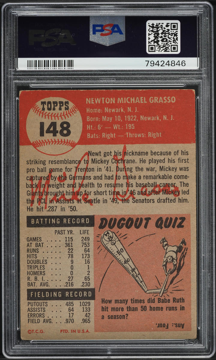 1953 Topps Mickey Grasso SHORT PRINT #148 PSA 3 VG