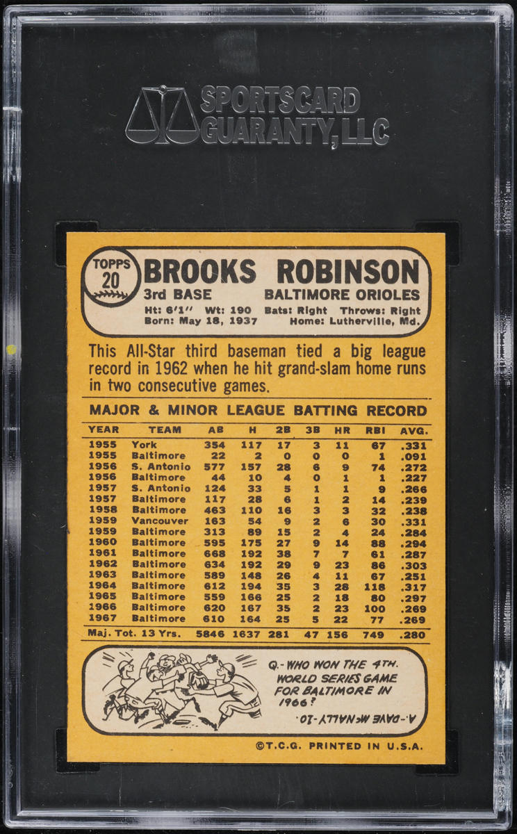 1968 Topps Brooks Robinson #20 SGC 10 GEM MINT
