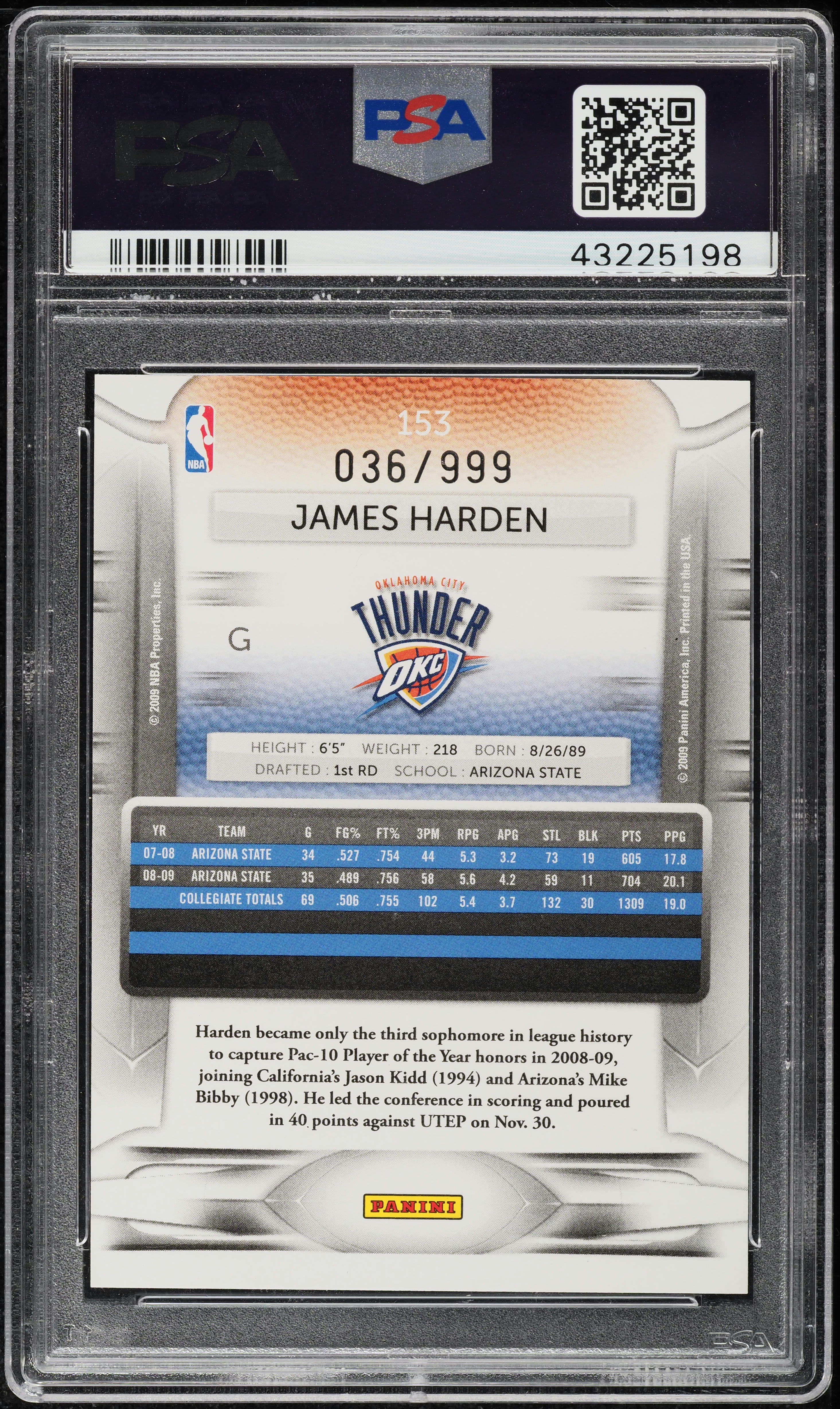 2009 Panini Prestige Draft Light Blue James Harden ROOKIE /999