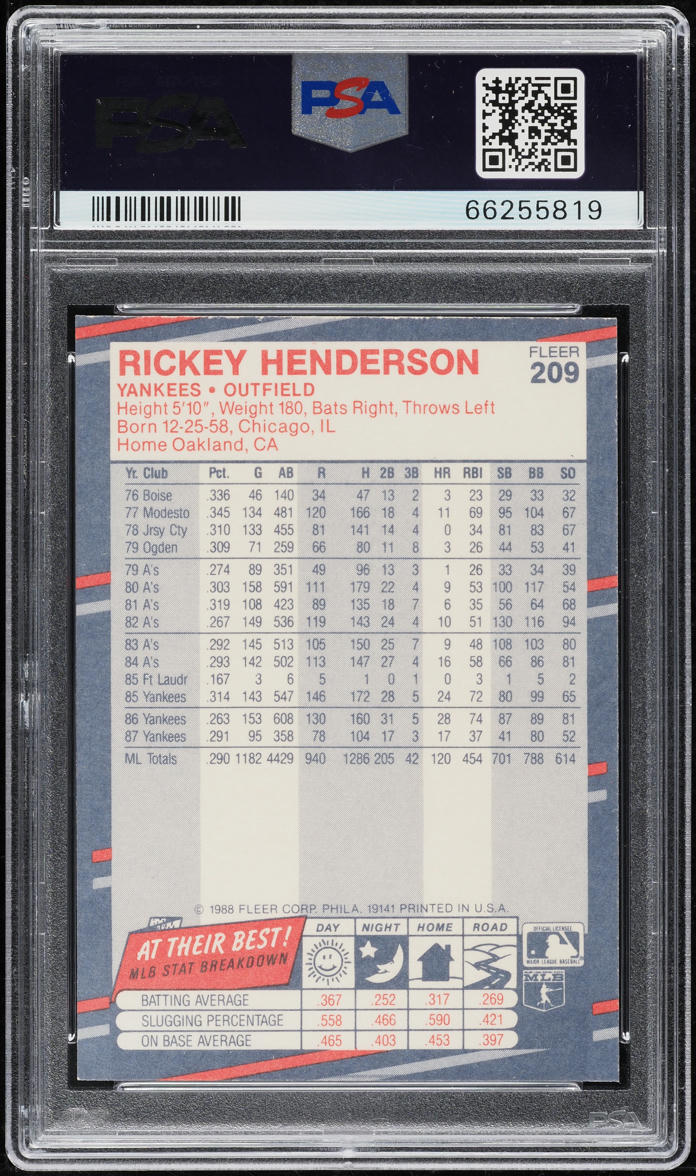 1988 Fleer Glossy Rickey Henderson #209 PSA 10 GEM MINT