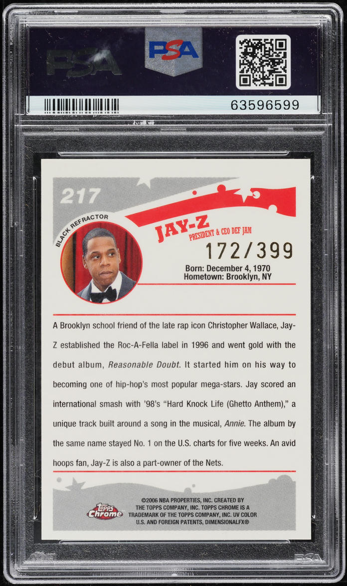 2005 Topps Chrome Black Refractor Jay-Z /399 #217 PSA 9 MINT on
