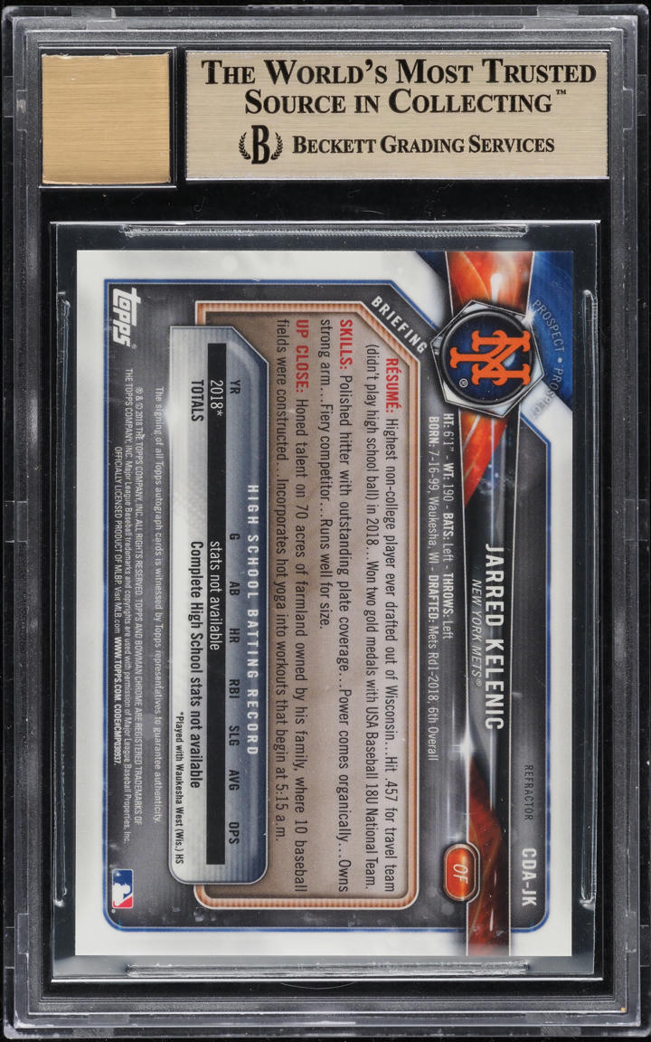 2018 Bowman Chrome Refractor Jarred Kelenic ROOKIE AUTO /499 #CDA-JK BGS 9.5 GEM
