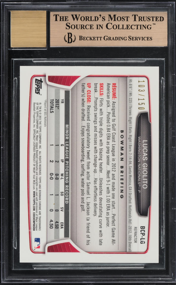 2013 Bowman Chrome Blue Refractor Lucas Giolito ROOKIE AUTO /150 #BCP-LG BGS 9.5