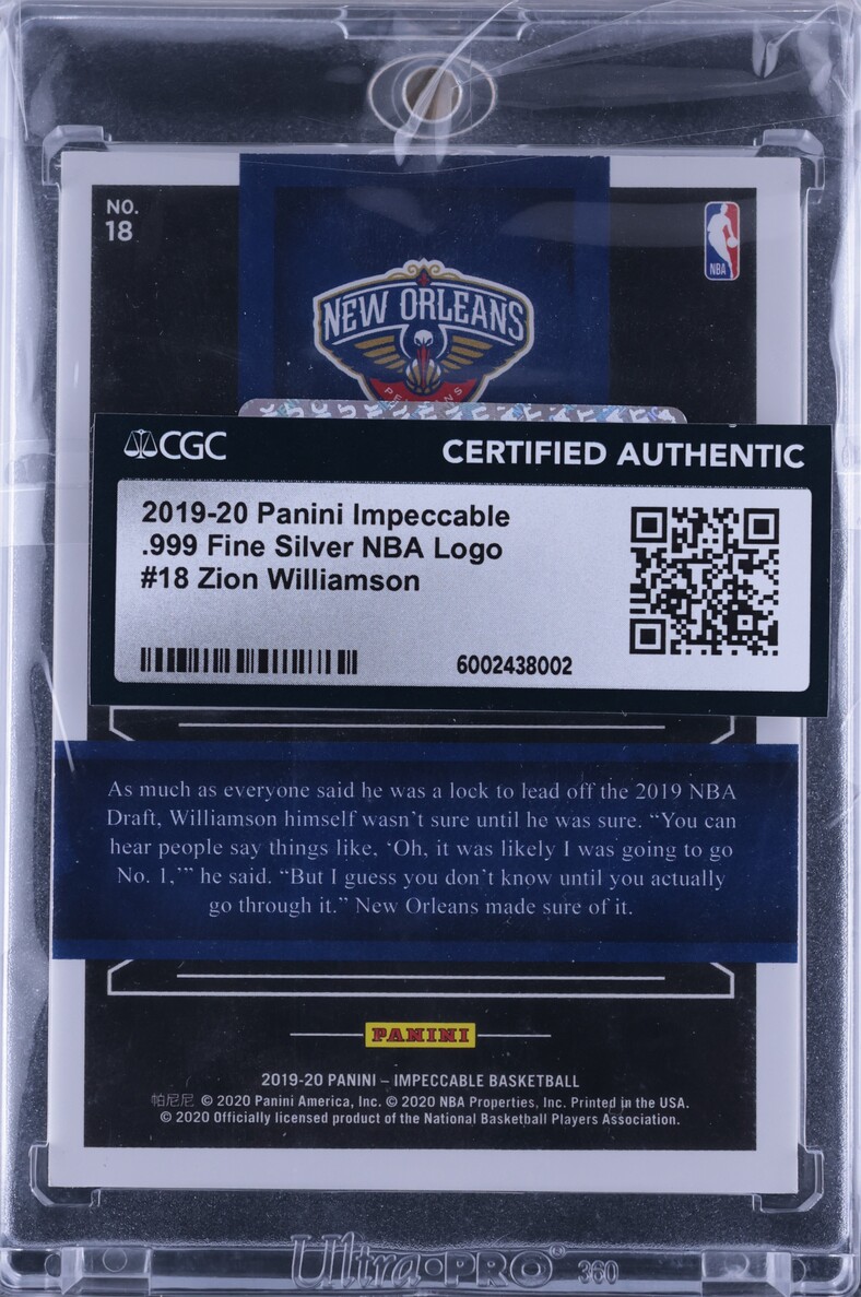 2019 Panini Impeccable NBA Logo Siver Bar Zion Williamson RC /25