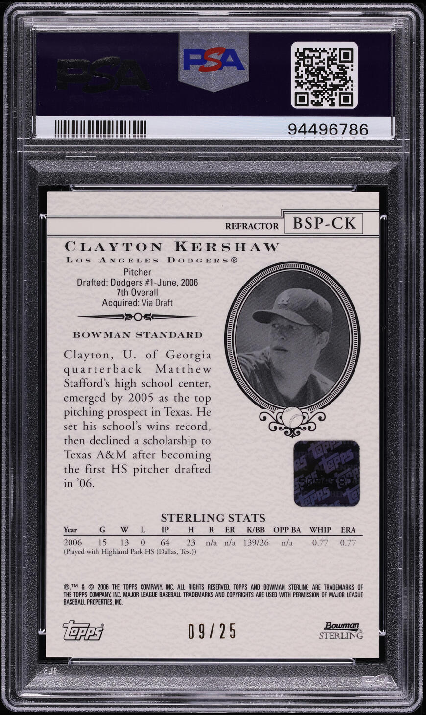 2006 Bowman Sterling Black Refractor Clayton Kershaw ROOKIE AUTO /25 PSA 10 GEM