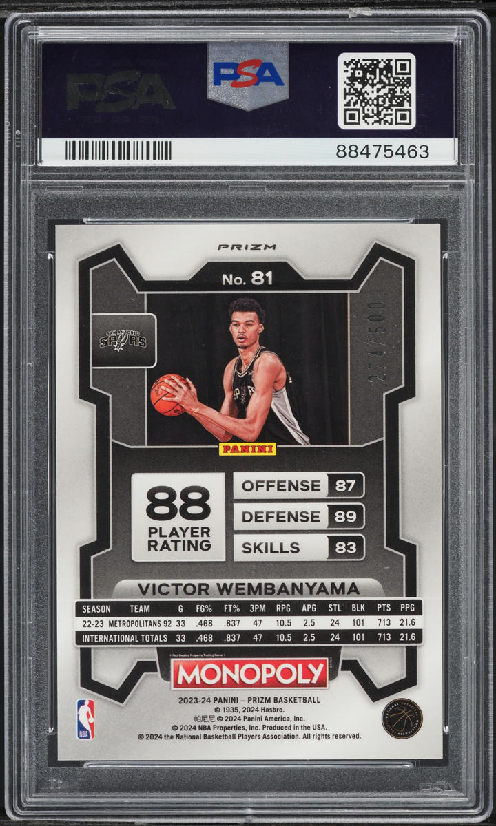 2023 Panini Prizm Monopoly Gold Millionaire Victor Wembanyama RC /500 #81 PSA 10