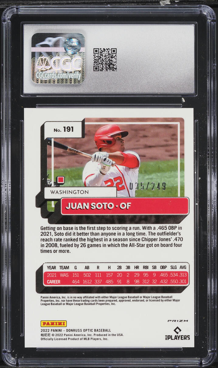 2022 Donruss Optic Pink Velocity Juan Soto /249 #191 CGC 10 GEM MINT