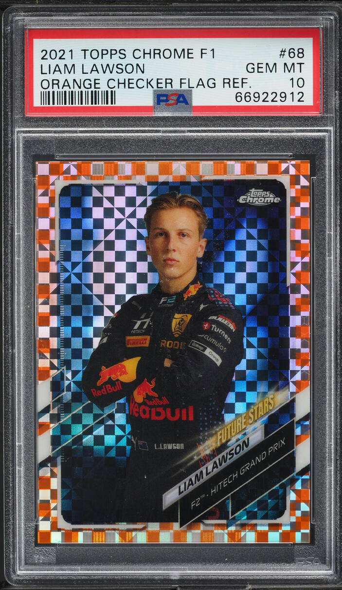 2021 Topps Chrome F1 Orange Checker Flag Refractor Liam Lawson RC /25 #68 PSA 10