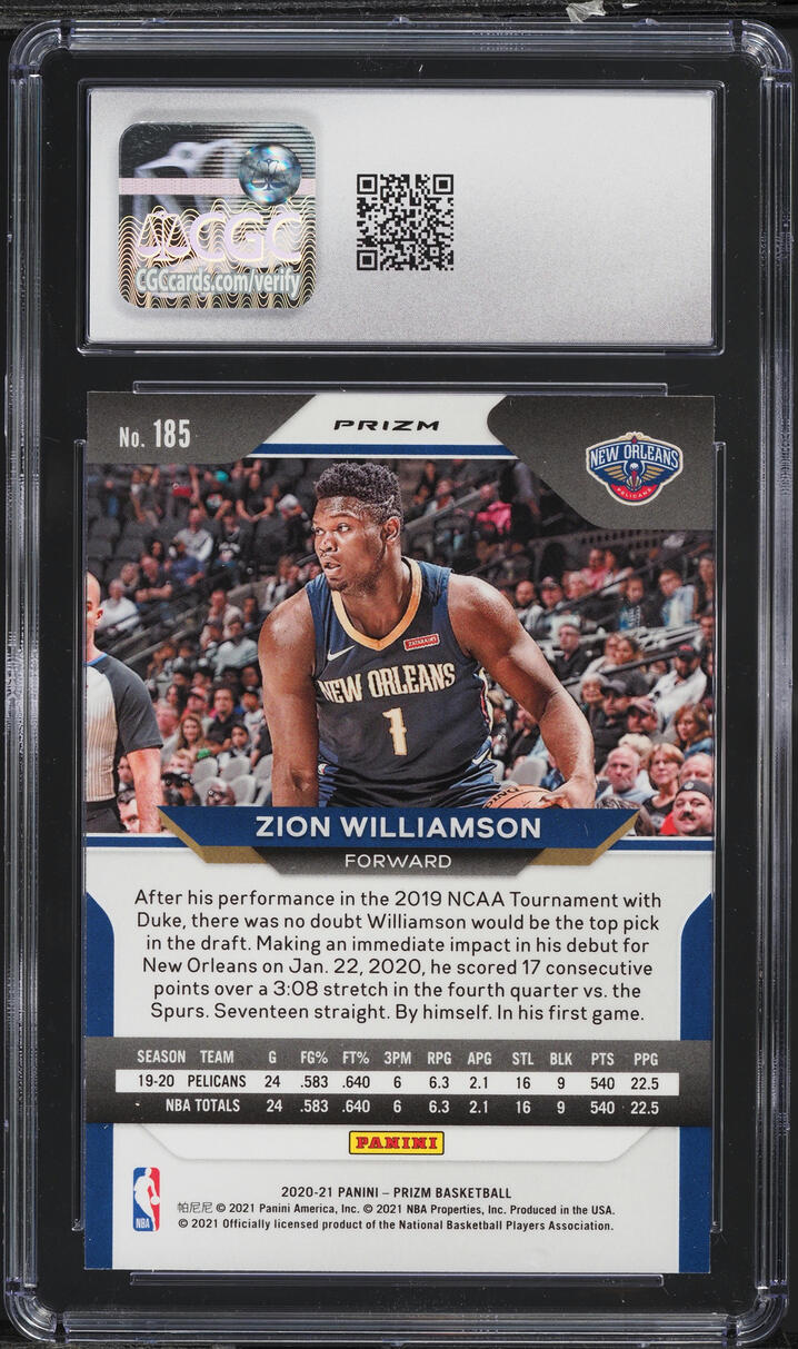 2020 Panini Prizm Silver Zion Williamson ROOKIE #185 CGC 10 GEM MINT