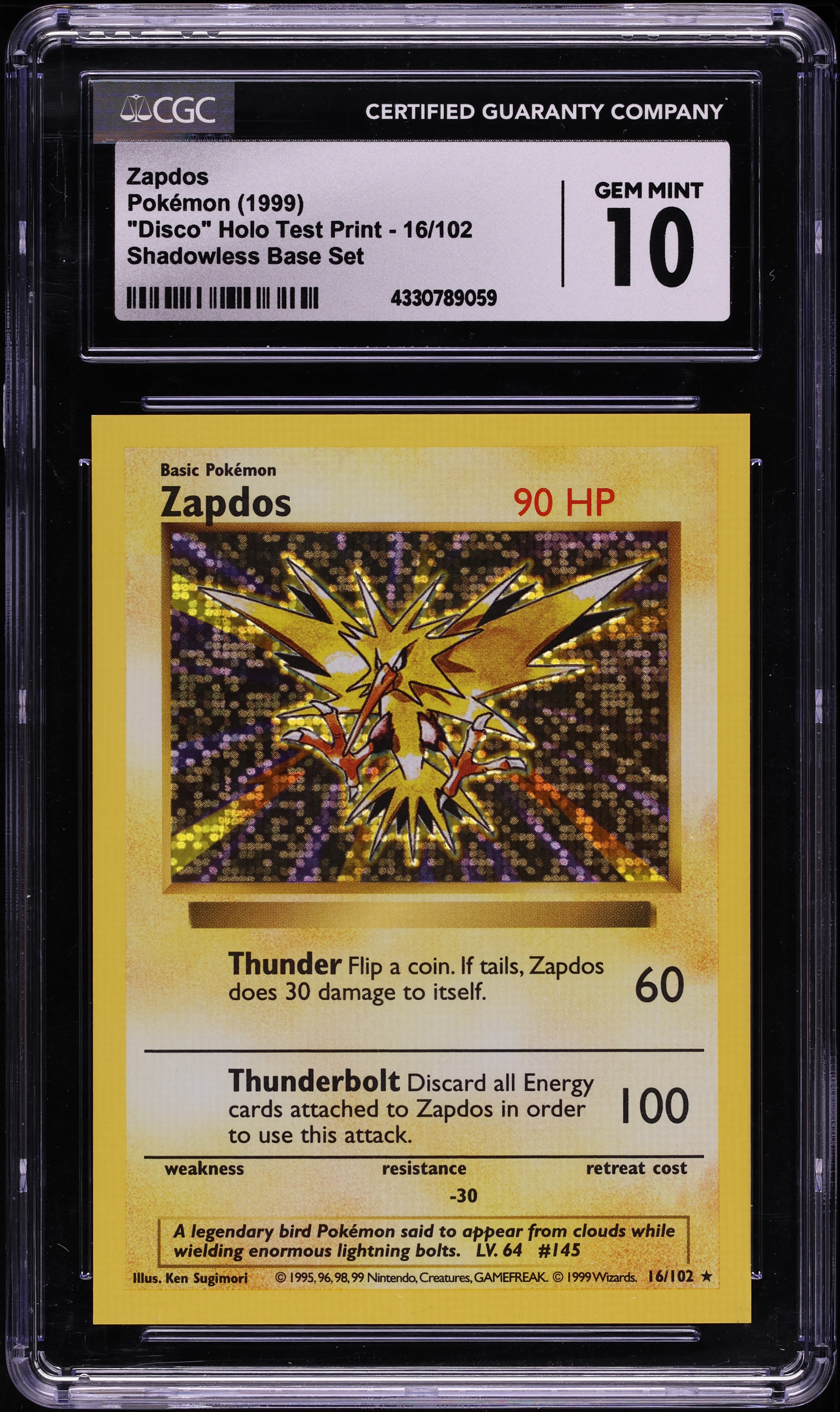 1999 Pokmon "Disco" Holo Test Print Shadowless Base Set Zapdos #16 CGC 10  GEM on Fanatics Collect