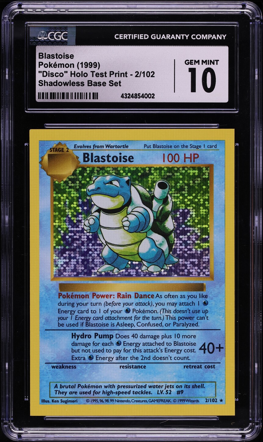 1999 Pokémon "Disco" Holo Test Print Shadowless Base Set Blastoise #2 CGC 10 GEM