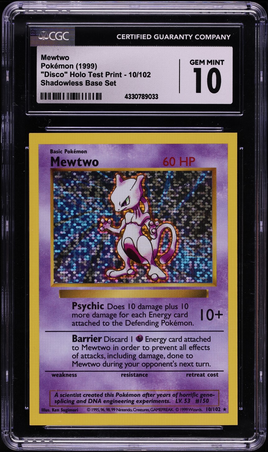 holographic shadlowless first edition mewtwo card Pokemon Mewtwo 1st Edition 1999 Base Set Slabbed Graded card proxy replica  fan art