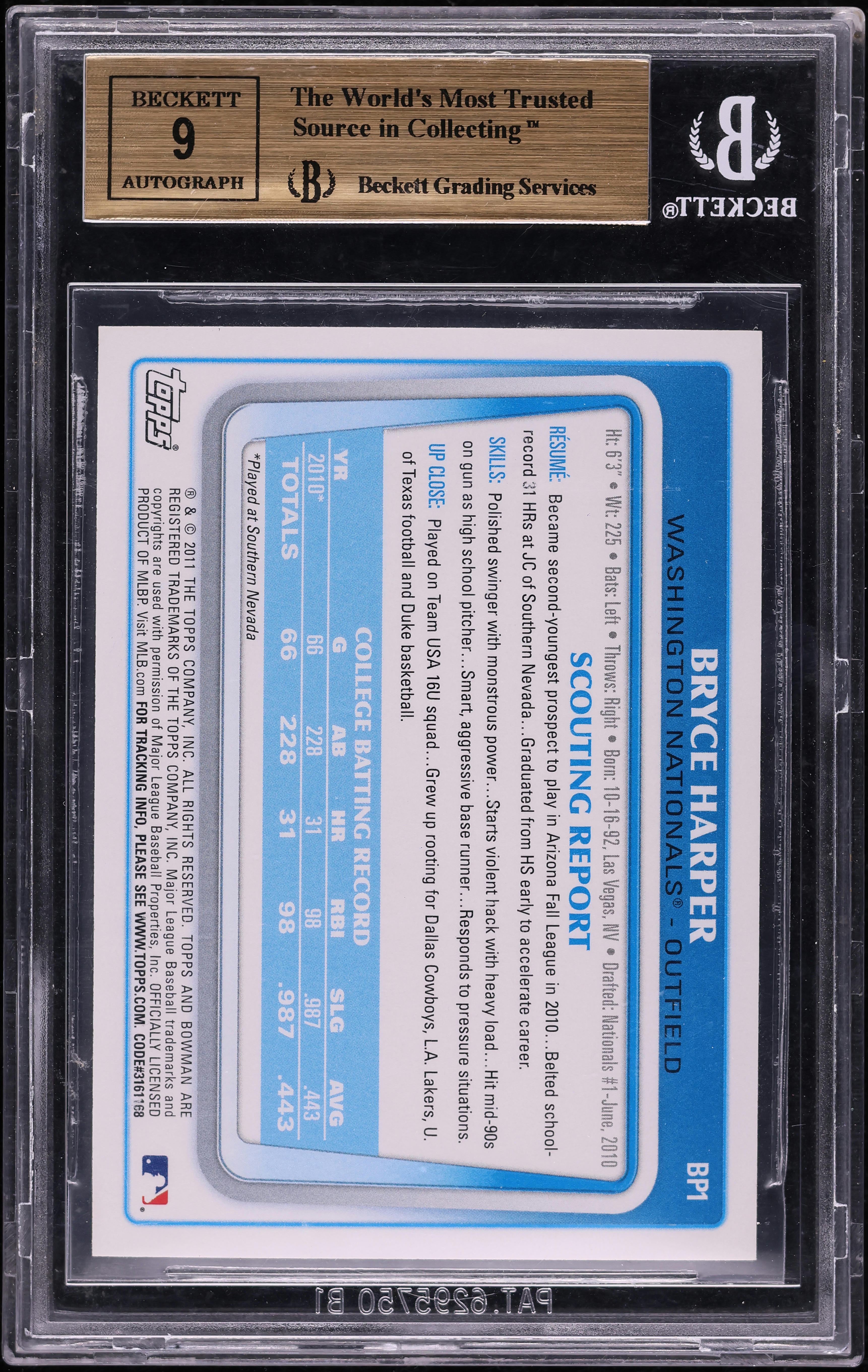 2011 Bowman Prospects Bryce Harper ROOKIE AUTO #BP1 BGS 9.5 GEM