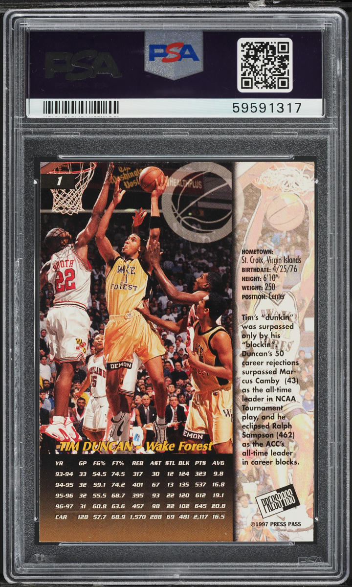 1997 Press Pass Tim Duncan ROOKIE #1 PSA 6 EXMT