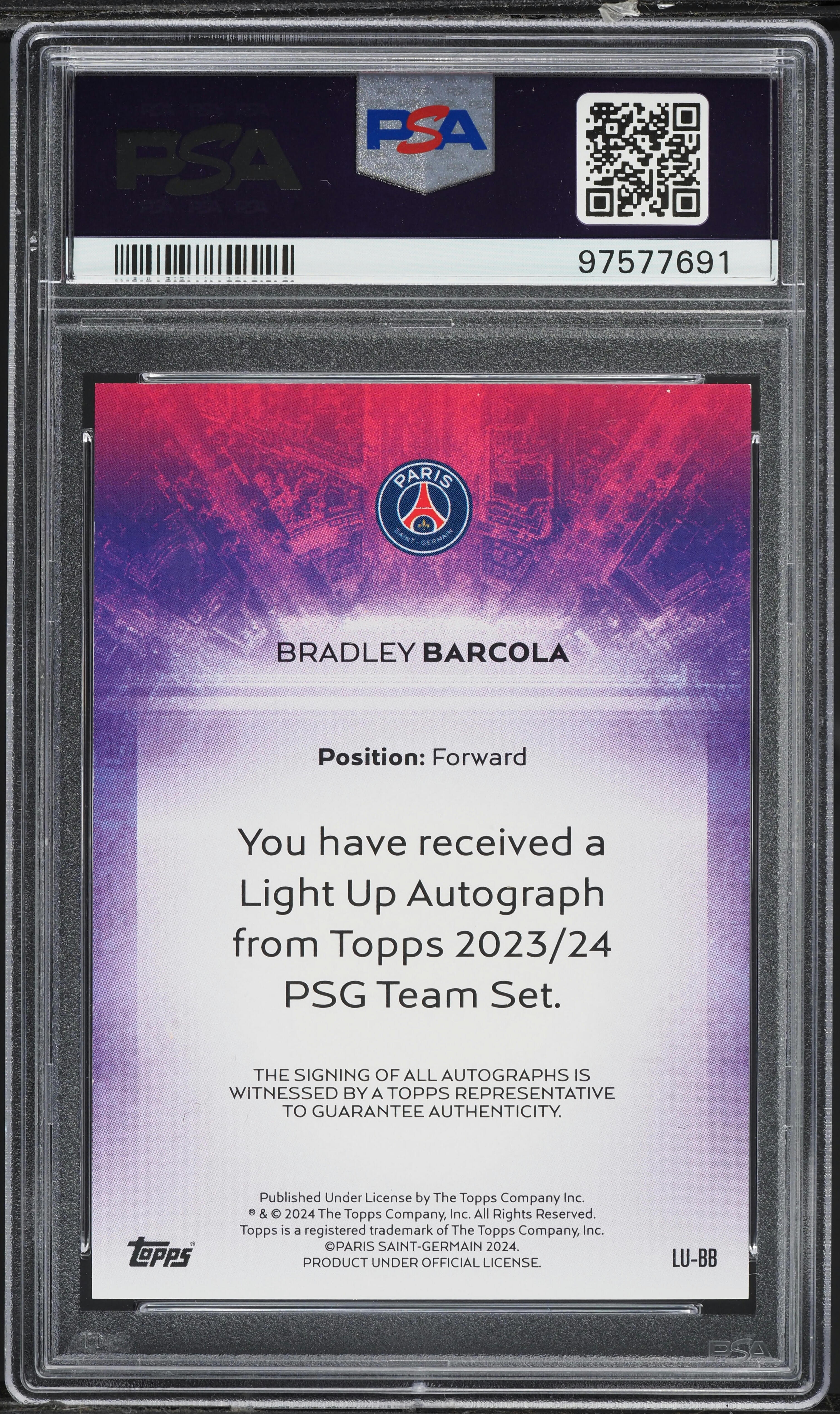 2023 Topps PSG Team Set Light Up Pink Bradley Barcola RC AUTO /99 