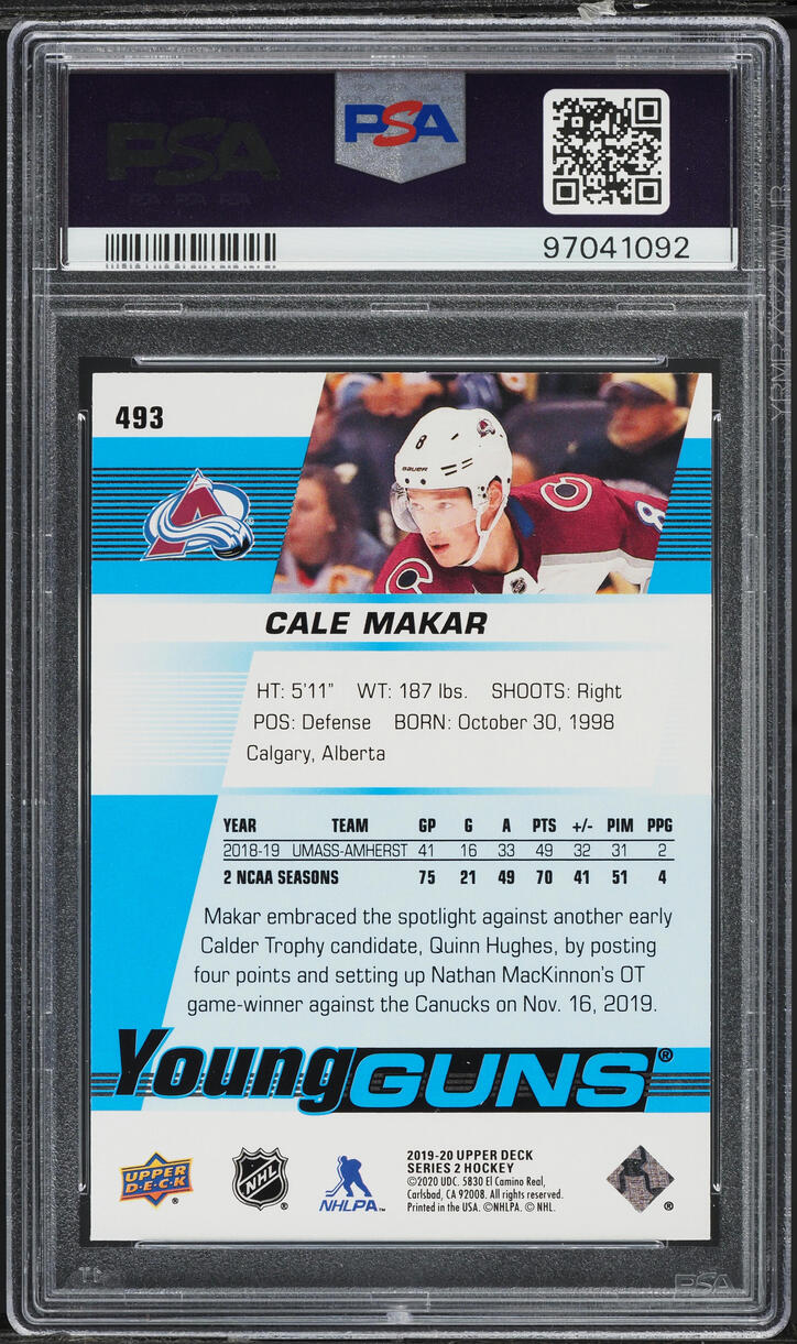 2019 Upper Deck Young Guns Cale Makar ROOKIE #493 PSA 10 GEM MINT